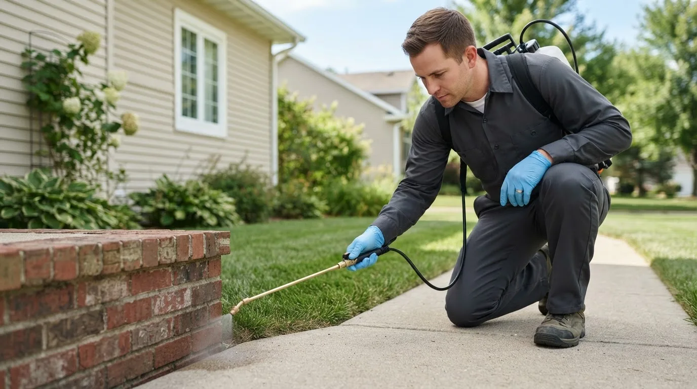 Pest control technician treating a home near Riceville, IA