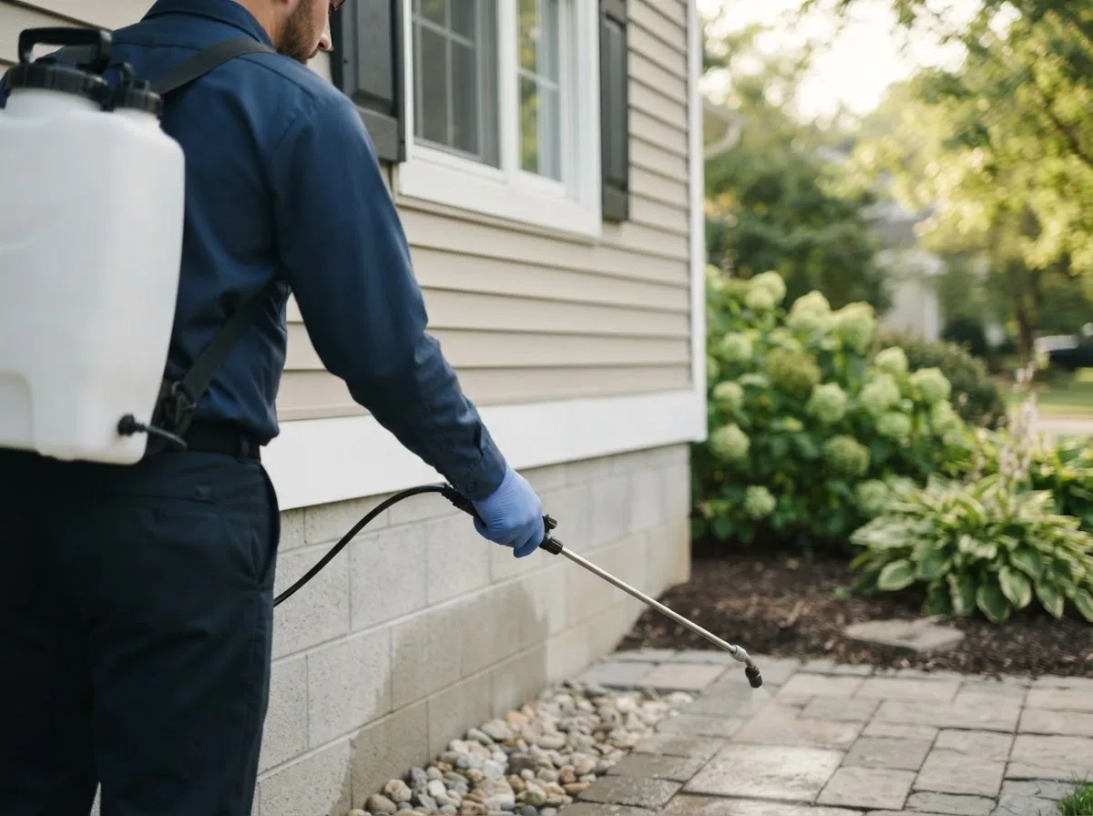 Pest control technician inspecting a home in Riceville, IA